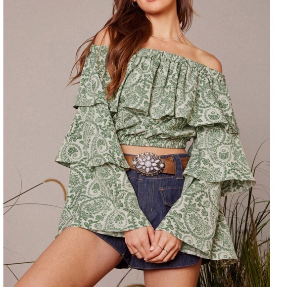 Tops - Boho Paisley Print Off Shoulder ruffle Bell Sleeve Cropped Top